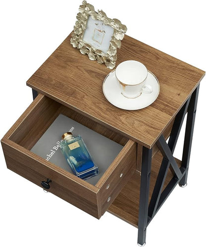 VECELO Nightstand,Modern Bedside End Table, Night Stand with Drawer and Storage Shelf for Living Room Bedroom, Industrial Metal Frame