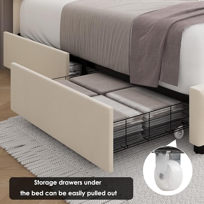 Keyluv Modern Upholstered Bed Frame with 4 Storage Drawers, Button Tufted Headboard Design, Solid Wooden Slat Support, Easy Assembly, Soft Velvet, Beige, Queen Size
