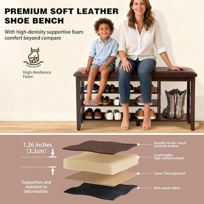 PY HOME & SPORTS Shoe Rack for Entryway 47": 3-Tier Shoe Storage Bench, Adjustable/Removable Shelves, Rubberwood Shoe Benches for Hallway, Porch, Bathroom, Brown