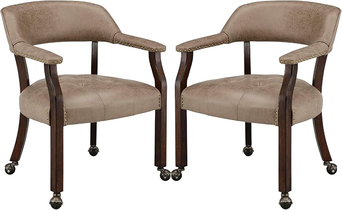 LEEMTORIG Set of 2 Dining Chairs with Casters and Arms, Rolling Dining Chairs with Wheels for Elderly, Ergonomic Wide Seat Wood Office Chair, 26" Dx25.2 W, Espresso Legs&Yellow Brown Fabric SY-318-LT