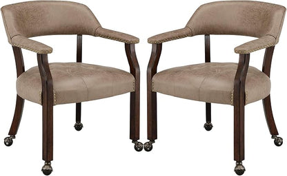 LEEMTORIG Set of 2 Dining Chairs with Casters and Arms, Rolling Dining Chairs with Wheels for Elderly, Ergonomic Wide Seat Wood Office Chair, 26" Dx25.2 W, Espresso Legs&Yellow Brown Fabric SY-318-LT