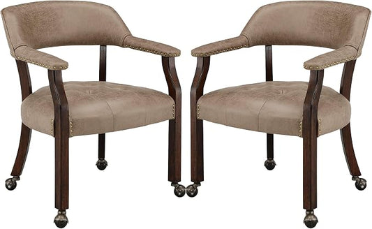 LEEMTORIG Set of 2 Dining Chairs with Casters and Arms, Rolling Dining Chairs with Wheels for Elderly, Ergonomic Wide Seat Wood Office Chair, 26" Dx25.2 W, Espresso Legs&Yellow Brown Fabric SY-318-LT