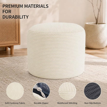 Stuffed Pouf Ottoman Foot Rest with 2.8-inch Solid Foam Base | Odorless Filling Resists Clumping, Washable Corduroy Cover, Round Foot Stool for Living Room Couch Lounging and Home Decor