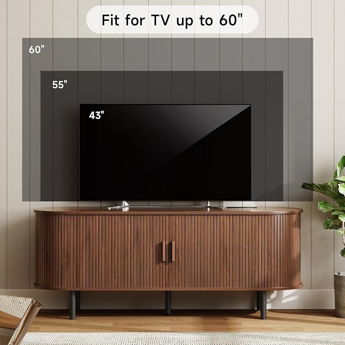 ONBRILL 55" TV Stand with Power Outlet for TVs up to 60 Inch, Entertainment Center with Storage and Adjustable Shelves, Modern Media Console with Sliding Doors for Living Room, Walnut