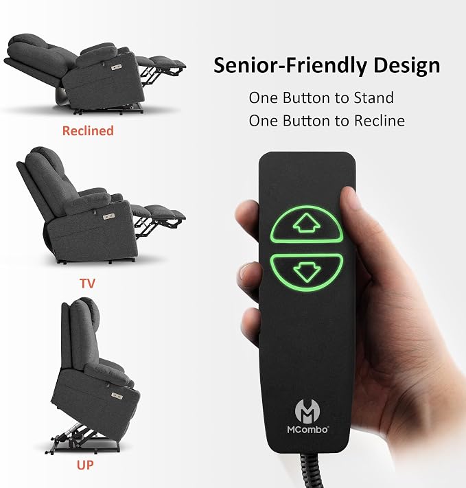 MCombo Power Lift Recliner Chair for Elderly R7042(Grey, Small-Wide) | Heat and Massage, USB& Type C Charging Port, FSC Certified