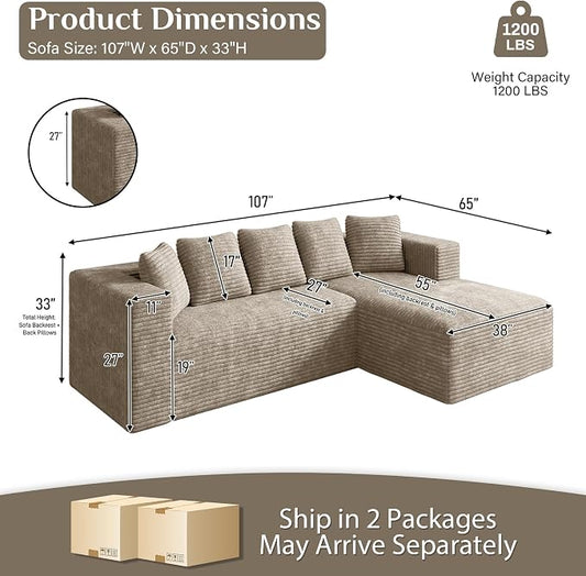 Oversized L Shaped Boneless Sectional Couches for Living Room, 107" Comfy Fluffy Cloud Modular Sectional Sofa, Plush Corduroy Memory Foam Floor Sofa with Right Facing Chaise Couch