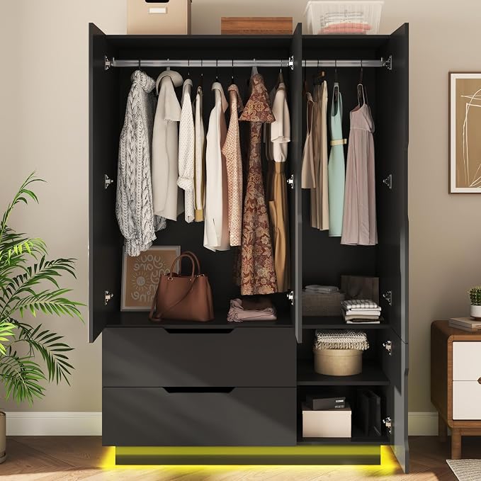 Hlivelood 3 Doors Armoire Wardrobe Closet with Mirror,2 Large Drawers, LED Light Wood Wardrobe Closet, Armoire with Hanging Rod for Bedroom, Black