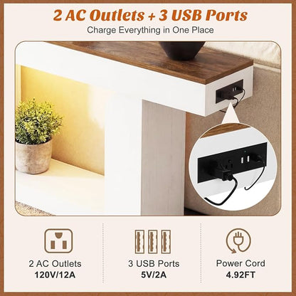 Homieasy Console Table, 47" Entryway Table with LED Lights & Charging Station, Farmhouse Wooden Sofa Table Behind Couch, Narrow Hallway Table for Living Room, Foyer, Entry, Antique White & Brown