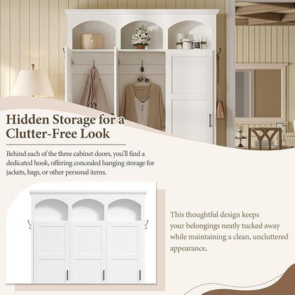 Merax Classic Arched Hall Tree with 3 Hidden Storage, Farmhouse Mudroom Bench with 5 Hooks, Mid-Century Entryway Organizer for Shoes, White
