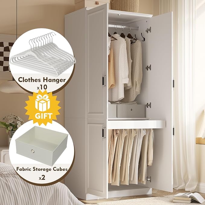 MEISSALIVVE Armoire Wardrobe Closet with 4 Door, 74.8" Large Wardrobe Cabinet with Hanging Rod, Freestanding Modern Bedroom Armoire Storage Cabinet, White
