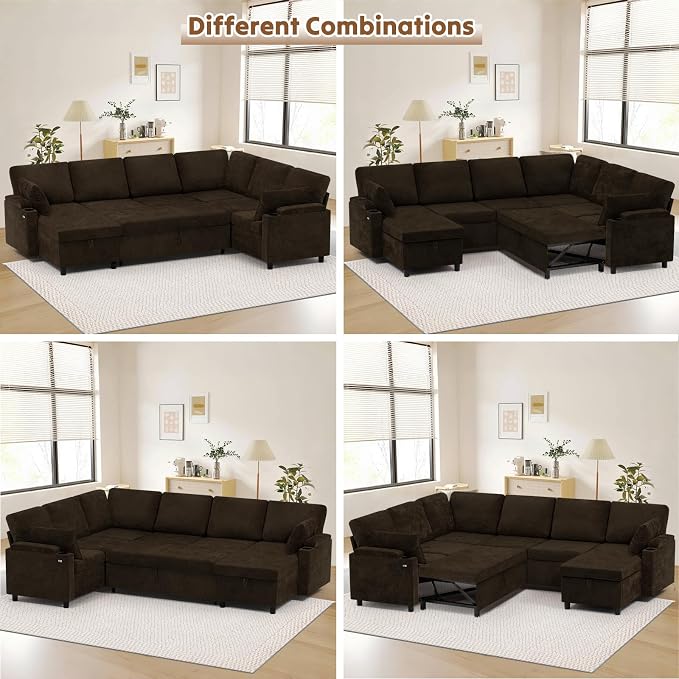110" Chenille Sectional Sofa w/Pull Out Bed & Storage Chaise, Brown | Reversible U Shape Sofa w/Storage Armrests & Cup Holders, Corner Couch w/USB Charging Port & Throw Pillows for Living Room