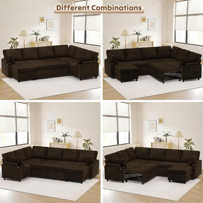 110" Chenille Sectional Sofa w/Pull Out Bed & Storage Chaise, Brown | Reversible U Shape Sofa w/Storage Armrests & Cup Holders, Corner Couch w/USB Charging Port & Throw Pillows for Living Room
