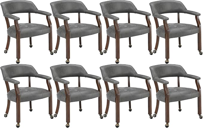 LEEMTORIG Set of 8 Dining Chairs with Casters and Arms, Rolling Dining Chairs with Wheels for Elderly, Ergonomic Wide Seat Wooden Office Chair, 26" Dx25.2 W, Cherry Legs&Dark Grey Fabric SY-1533-GY