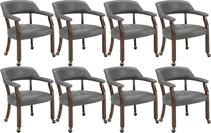LEEMTORIG Set of 8 Dining Chairs with Casters and Arms, Rolling Dining Chairs with Wheels for Elderly, Ergonomic Wide Seat Wooden Office Chair, 26" Dx25.2 W, Cherry Legs&Dark Grey Fabric SY-1533-GY