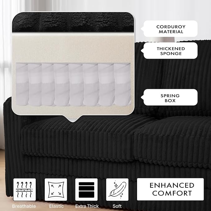 115 Inches Corduroy Sectional Sofa with Storage Ottoman, Modern 7 Seats Corner Couch with Deep Seat, Comfy Modular U Shaped Couch with Comfortable Cushions for Living Room, Black