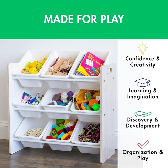 Humble Crew Toy Storage Organizer with 9 Removable Storage Bins for Kids Playroom, 3-Tier Toddler Toy Organization, Light Wood/White