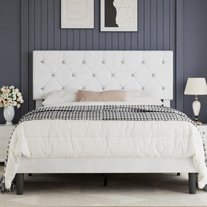 VECELO Full Size Bed Frame with Diamond Tufted Headboard, Upholstered Platform Bedframe with Wood Slat Support, No Box Spring Needed, Velvet & White