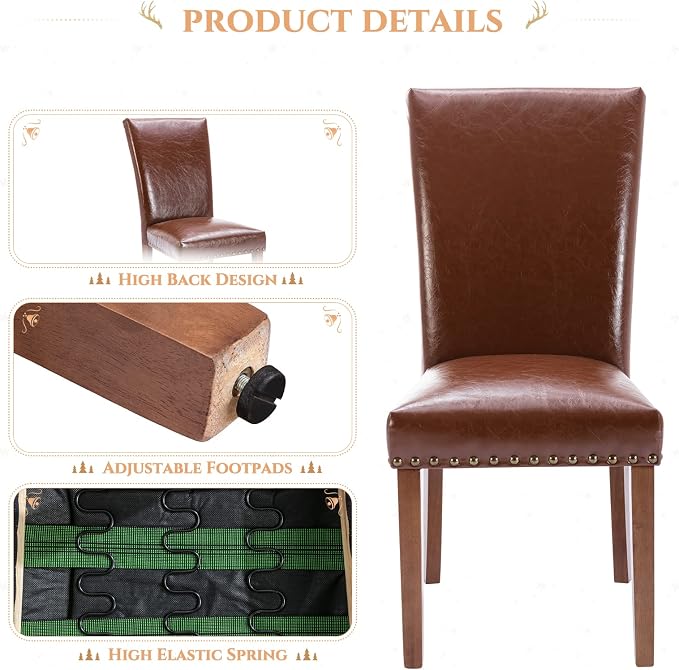 COLAMY Parsons Dining Chairs Set of 2, Upholstered Nailhead PU Leather Dining Room Kitchen Side Chair with Thick Cushions and Wood Legs, Light Brown