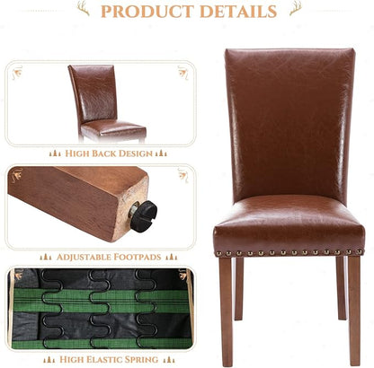 COLAMY Parsons Dining Chairs Set of 2, Upholstered Nailhead PU Leather Dining Room Kitchen Side Chair with Thick Cushions and Wood Legs, Light Brown