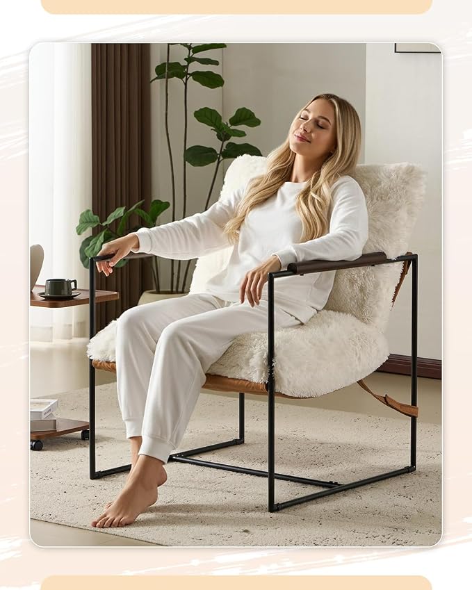 Karl home Modern Metal Frame Accent Chair, Creamy | Plush Fleece Upholstered, Wood Padded Armrest, 28" Seat Width, Comfy Lounge Armchair for Living Room, Bedroom, Apartment