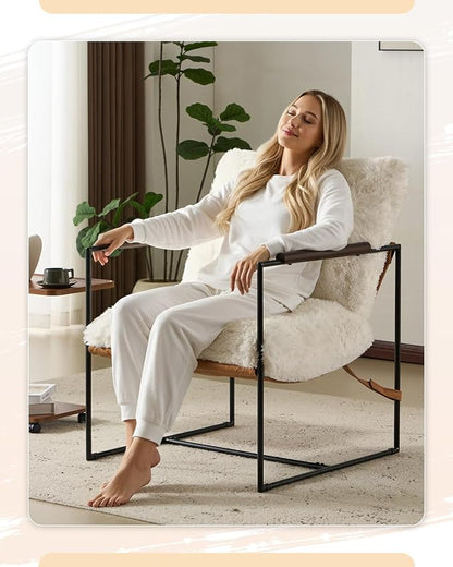 Karl home Modern Metal Frame Accent Chair, Creamy | Plush Fleece Upholstered, Wood Padded Armrest, 28" Seat Width, Comfy Lounge Armchair for Living Room, Bedroom, Apartment