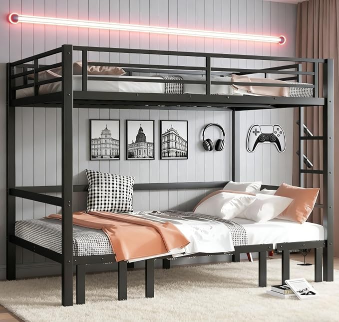 Bellemave Queen Over Queen Futon bunk Bed, Lower bunk can be Pulled Out in Three Sections, Loft Bed with Sofa for Teens, Adults, Bedroom, Black(Excluding Cushions and mattresses)