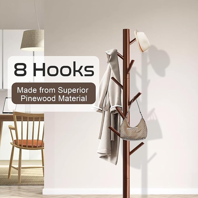 Aliphon Wooden Coat Rack Stand, Freestanding Coat Rack with 8 Hooks, 3 Adjustable Size Coat Tree for Hats, Coats, Scarves bags, Coat Hanger Stand Used in Bedroom/Office/Entryway,2 PCS (Brown)