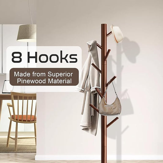 Aliphon Wooden Coat Rack Stand, Freestanding Coat Rack with 8 Hooks, 3 Adjustable Size Coat Tree for Hats, Coats, Scarves bags, Coat Hanger Stand Used in Bedroom/Office/Entryway （Brown）