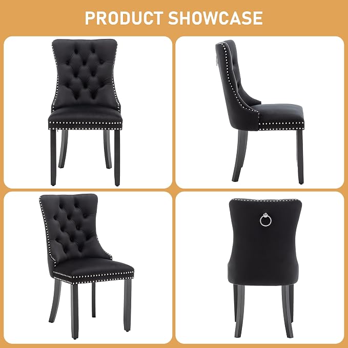 Single Black Dining Chair Mid Century Modern Dining Chair Velvet Upholstered Dining Room Chair Farmhouse Dining Accent Chair with High Back and Nailhead Trim for Kitchen, Living Room, Bedroom