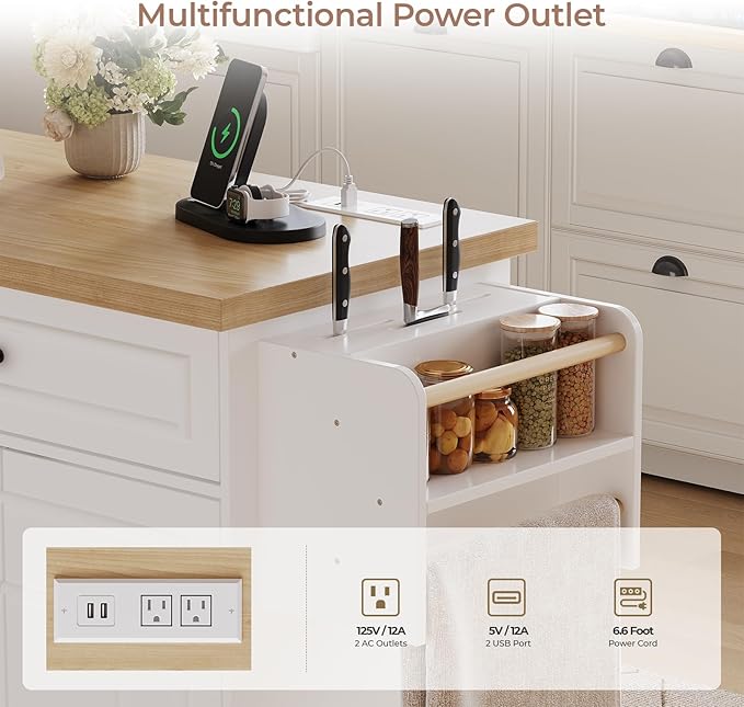 58 Inch Kitchen Island with Storage Cabinet, Island Table for Kitchen, Rolling Islands Cart with Power Outlet, Adjustable Shelves, Drawers, Spice and Towel & Knife Racks, White