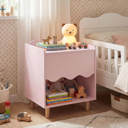 Costzon Nightstand, Kids Scalloped Side Table w/Wide Top, Large Storage Compartment & Solid Rubber Wood Legs, Wooden End Table for Children's Play Room, Bedroom, Living Room (Pink)