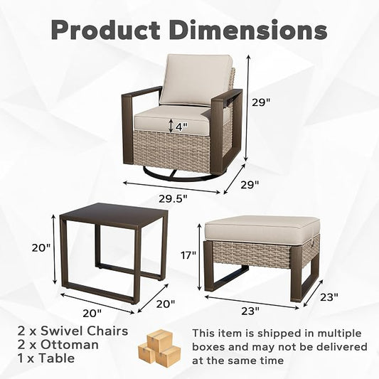 Outdoor Patio Swivel Rocker Chairs, 5 Pieces Wicker Furniture Set, 2 Swivel Rocking Chairs, 2 Ottoman and 1 Table, Metal Wide Armrest, Thick Cushions and Deep Seating for Garden, Backyard, Porch, Deck