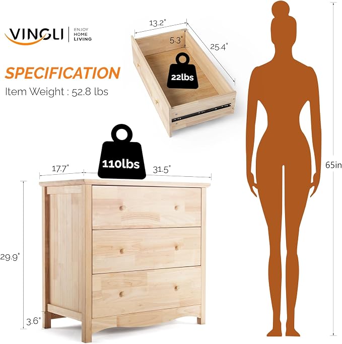 VINGLI Unfinished Natural Solid Wood 3 Drawer Dresser, Farmhouse Dressers & Chests of Drawers Color DIY Rubber Wood Dresser with Full Extension Drawer Slides & Wood Knobs Rustic Style