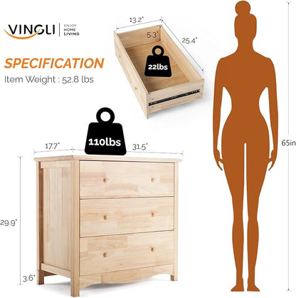 VINGLI Unfinished Natural Solid Wood 3 Drawer Dresser, Farmhouse Dressers & Chests of Drawers Color DIY Rubber Wood Dresser with Full Extension Drawer Slides & Wood Knobs Rustic Style