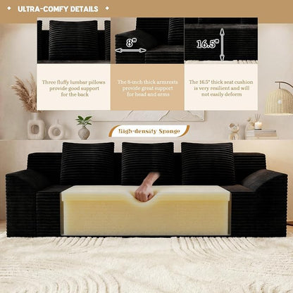 71" Corduroy Living Room Sofa, 3 Setaser Deep Seat Couch with 3 Lumbar Pillows, Comfy Boneless Sofa Modern Compressed Couch for Bedroom, Office, Apartment, No Assembly, Curved Armrests (Black)