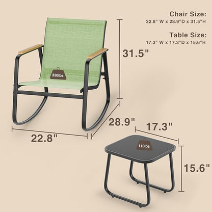 Ahomly 3 Pieces Patio Furniture Set Textilene Fabric Outdoor Patio Rocking Bistro Set with Wooden Armrests and Coffee Table for Lawn, Porch, Balcony, Poolside, Green