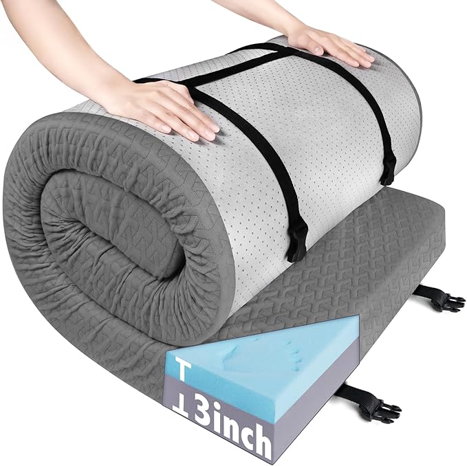 Memory Foam Camping Pad 3 Inch Thick, Soft Sleeping Pad with Waterproof Cover, Roll Up Cot Pad Topper for Travel Truck Bed Tent, Pad Only