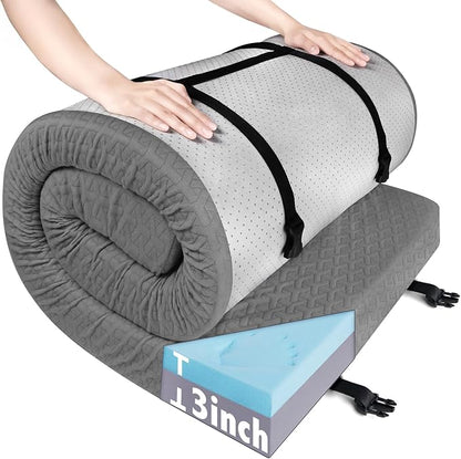 Memory Foam Camping Pad 3 Inch Thick, Soft Sleeping Pad with Waterproof Cover, Roll Up Cot Pad Topper for Travel Truck Bed Tent, Pad Only