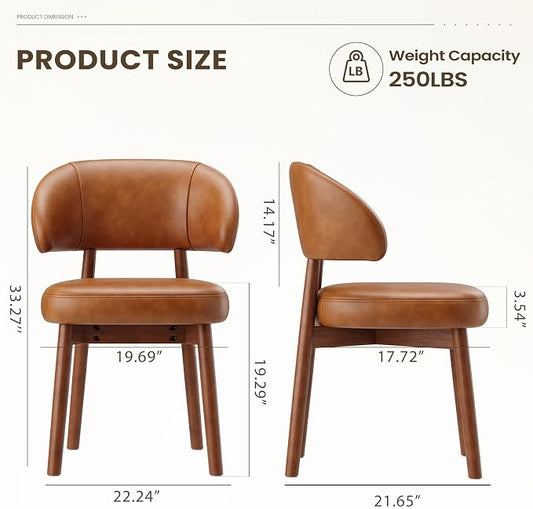 MALOL Wooden Dining Chairs Set of 2, Modern Upholstered Dining Room Chair, PU Leather Kitchen Side Chairs with Curved Open Back for Living Room/Restaurant/Cafe, Brown