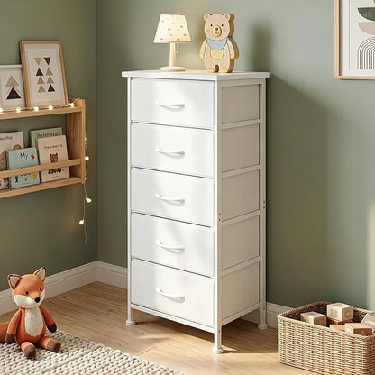 Fixwal White Tall Skinny Dresser for Bedroom, Narrow Storage Dresser Organizer with 5 Fabric Drawers, Nightstand Furniture in Closet, Entryway, Hallway