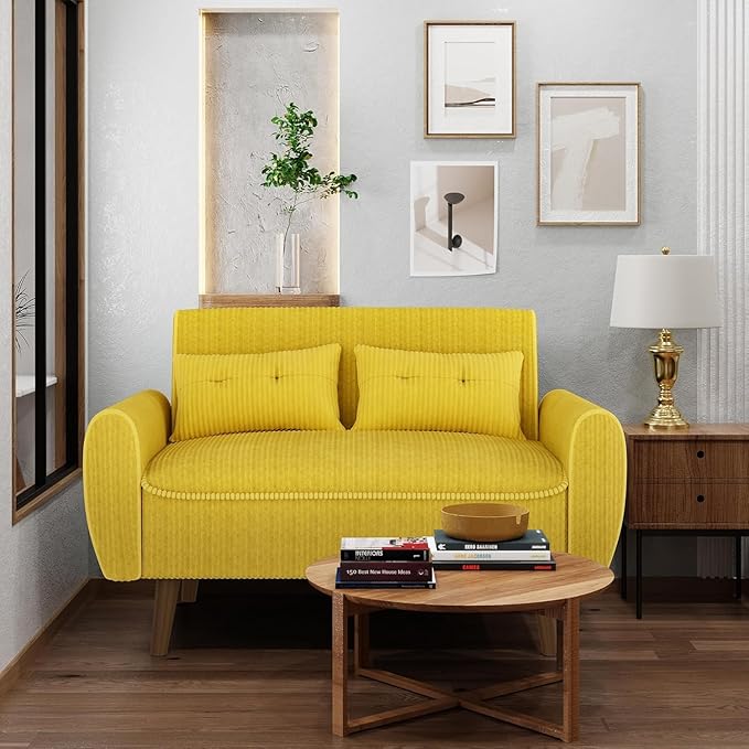 Shintenchi 48'' Loveseat Sofa, Mid-Century Modern Upholstered Couch Deep Seat with 2 Pillows, 10" Thick Cushion with Spring, Solid Wood Frame Small Couch for Living Room, Dorms & Office, Yellow