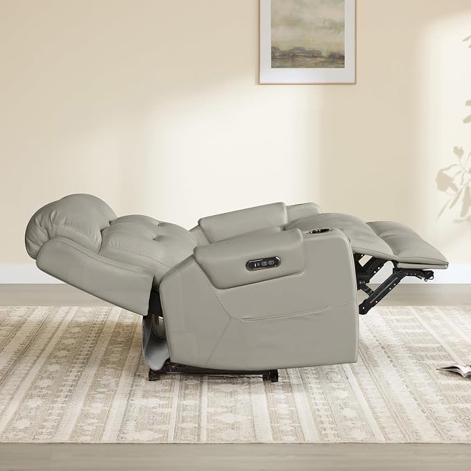 Watson & Whitely Genuine Leather Power Recliner Sofa, Lay Flat Reclining Sofa with Storage Console, Power Headrest & Cup Holders, 3 Seater Electric Reclining Couch for Living Room, Grey
