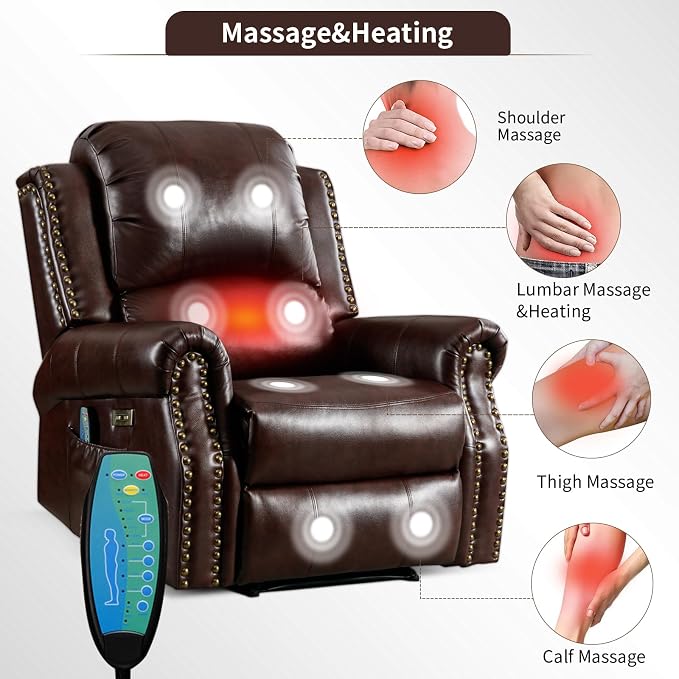 HAOMARKETS Classic Power Recliner Chair Set of 2 with Massage and Heat, Breathable Faux Leather Electric Recliner with USB Port, Overstuffed Reclining Sofa with Rivets for Living Room, Caramel Brown