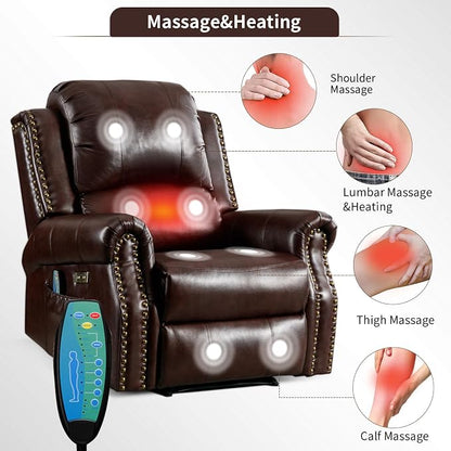 HAOMARKETS Classic Power Recliner Chair Set of 2 with Massage and Heat, Breathable Faux Leather Electric Recliner with USB Port, Overstuffed Reclining Sofa with Rivets for Living Room, Caramel Brown