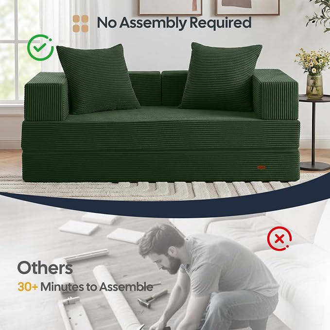 COMAX Futon Sofa Bed, Convertible Sofa Bed, Folding Boneless Couches | Boneless Couch for living room, 4‑in‑1 Fold Out Small Foldable Loveseat Floor Sleeper Mattress Lounge Space‑Saving, Green