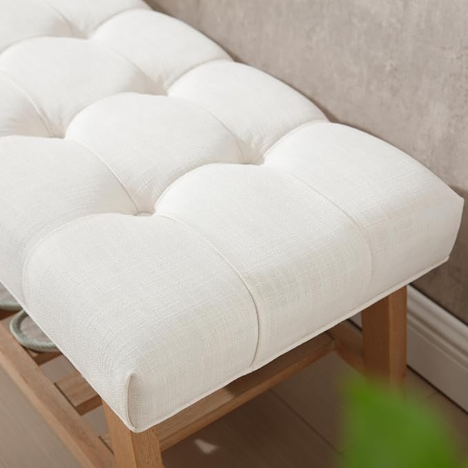 Kmax Entryway Bench with Shoe Storage, Upholstered Wood Storage Bench for Living Room Window Bench for Bedroom End of Bed - Linen, Beige