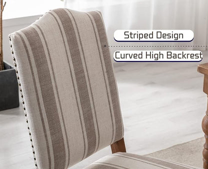 EALSON Upholstered Dining Chairs Set of 8 Farmhouse Dining Room Chairs with Wood Legs and Nailhead Trim Mid Century Modern Kitchen Chairs with High Back Padded Parson Chairs, Linen Brown Stripe