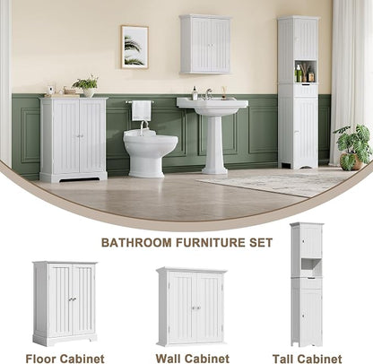 ChooChoo Bathroom Floor Cabinet, Modern Bathroom Storage Cabinet with 2 Doors and Adjustable Shelves, Freestanding Cupboard for Living Room, White