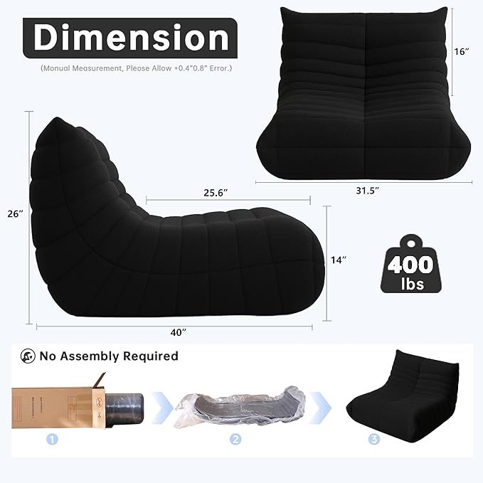 WHGBJA Bean Bag Chair for Adults, Lazy Bean Bag Sofa for Bedroom, Living Room, Reading, Gaming Floor Sofa Chair, Boneless, Ergonomics, Comfy