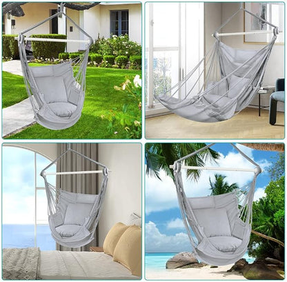 Outerman Hammock Chair, Hanging Chair with 3 Cushions and Foot Rest Support, Durable Metal Spreader Bar Max 440 Lbs, Swing Chair for Bedroom, Indoor & Outdoor, Patio, Porch or Tree（Gray）